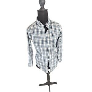 IZOD Boys Plaid Button Down Shirt Blue Green White Stretch Cotton Size M 10-12